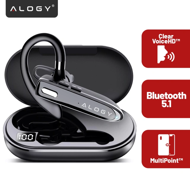 Słuchawka Bluetooth do rozmów – bezprzewodowa, Bluetooth 5.1, do 12h rozmów, z etui ładującym, lekka i wygodna dla kierowcy – Alogy DriveTalk™ Czarna
