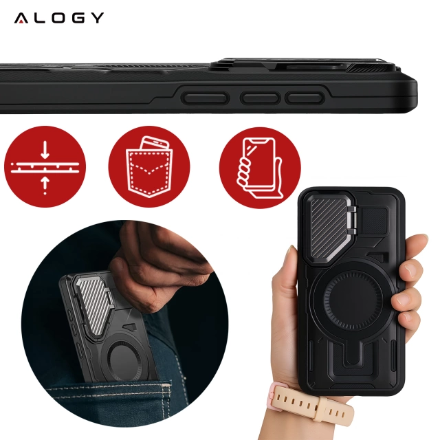 Etui do Samsung Galaxy S25 Plus Case do MagSafe Wzmocniona Pancerna ochrona obiektywów z funkcją podstawki obudowa ochronna na telefon Alogy HeavyDuty Mag™️Czarne