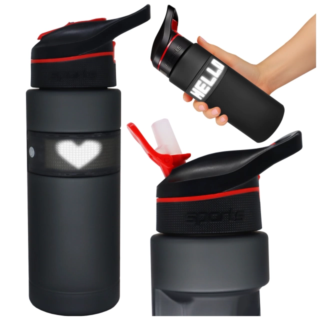 Butelka Bidon na Napoje LED, Inteligentna z Wyświetlaczem i Łącznością Bluetooth, Słomka, Motywacyjna, Wielokrotnego Użytku, Alogy FitBottle™ - Czarna