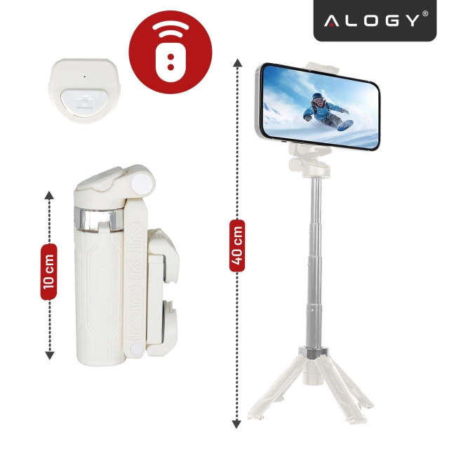 Selfie Stick Mini Tripod stabilny kompaktowy lekki Kijek do Selfie i Statyw Rozkładany 360° z Pilotem Bluetooth 10m, Stojak do Zdjęć i Nagrywania, Alogy FlexiShot™ Biały