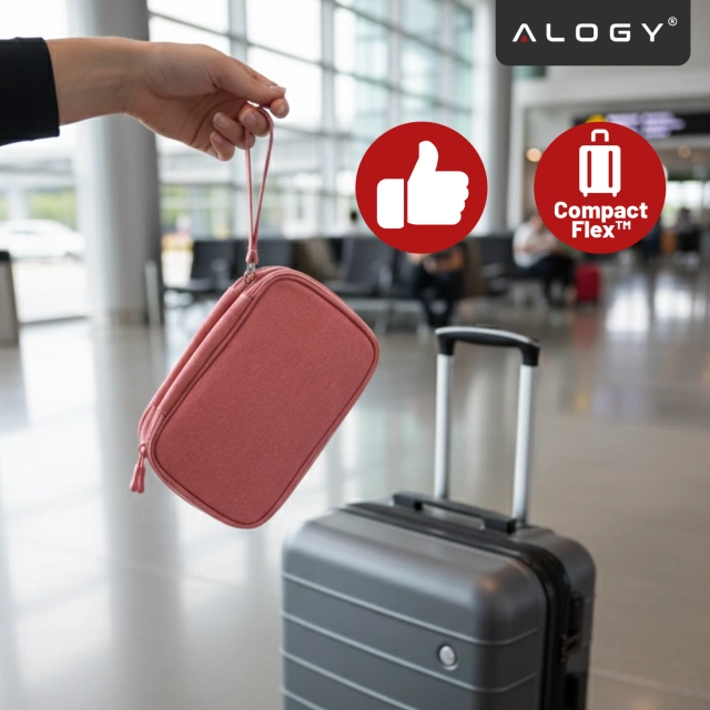 Etui Podróżne na Akcesoria, Organizer na Kable, Ładowarki, Telefon i Powerbank, Wielofunkcyjne i Kompaktowe 21 x 12,5 x 5 cm, Alogy TravelPack™ – Różowe