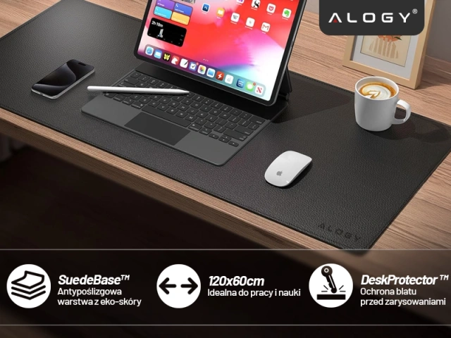Podkładka na biurko 120×60 cm – antypoślizgowa mata ochronna z eleganckiej ekoskóry PU, pod mysz i klawiaturę, stylowa i trwała – Alogy WorkMat™ Czarna