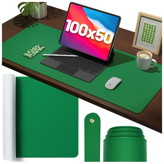 Podkładka na biurko 100×50 cm – antypoślizgowa mata ochronna z eleganckiej ekoskóry PU, pod mysz i klawiaturę, stylowa i trwała – Alogy WorkMat™ Zielona