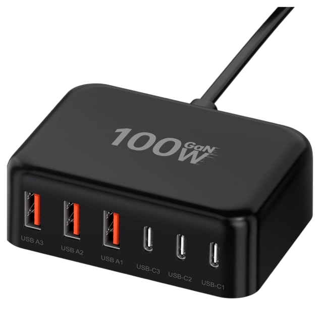 Ładowarka sieciowa 6w1 Super Szybkie Ładowanie 100W GaN 3x USB 3x USB-C Alogy Super Quick Charger Czarna