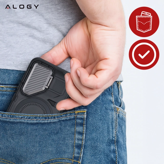 Etui do Samsung Galaxy S25 Plus Case do MagSafe Wzmocniona Pancerna ochrona obiektywów z funkcją podstawki obudowa ochronna na telefon Alogy HeavyDuty Mag™️Czarne