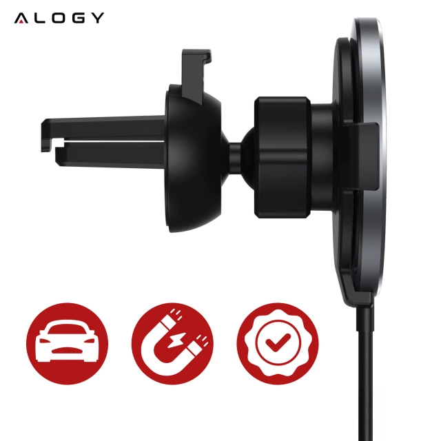 Alogy Uchwyt do samochodu 2w1 z ładowarką Qi Airvent MagSafe Charger do MagSafe 15W do kratki samochodowy Czarny
