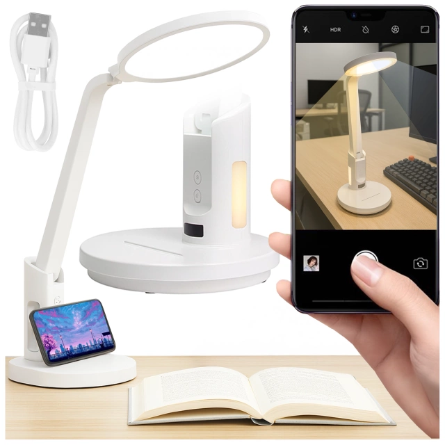 Lampka biurkowa nocna LED – akumulator 6000 mAh, regulacja światła i trybów, miejsce na telefon, stabilna, idealna do nauki i pracy – Alogy MultiStand™ Biała