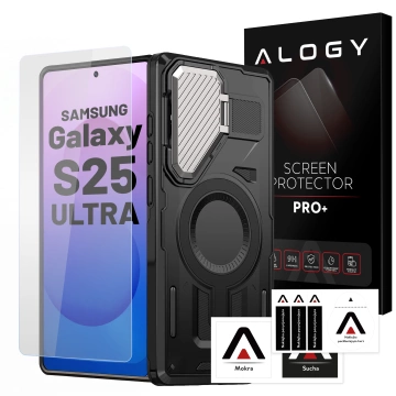 Etui do Samsung Galaxy S25 Ultra Case do MagSafe Wzmocniona Pancerna ochrona obiektywów z funkcją podstawki obudowa ochronna na telefon Alogy HeavyDuty Mag™️Czarne