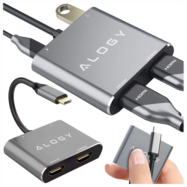 Adapter HUB 4w1 Alogy przejściówka USB-C do 2x HDMI USB 3.0 USB-C szybkie ładowanie PowerDelivery PD 100W