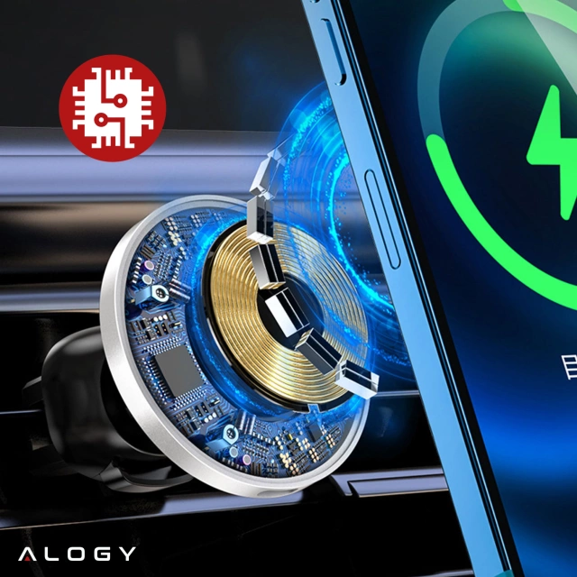 Alogy Uchwyt do samochodu 2w1 z ładowarką Qi Airvent MagSafe Charger do MagSafe 15W do kratki samochodowy Czarny