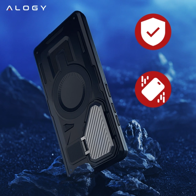 Etui do Samsung Galaxy S25 Ultra Case do MagSafe Wzmocniona Pancerna ochrona obiektywów z funkcją podstawki obudowa ochronna na telefon Alogy HeavyDuty Mag™️Czarne