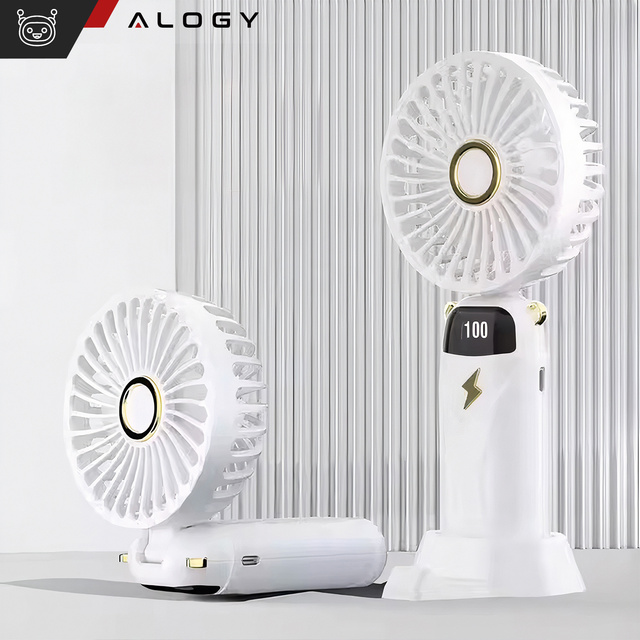 Alogy Wentylator Wiatrak wiatraczek ręczny bezprzewodowy przenośny do ręki na biurko z uchwytem na telefon USB-C biały