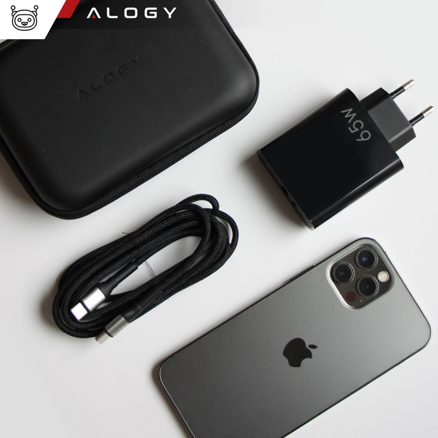 Alogy Ładowarka Kabel Etui Zestaw Quick Charge QC 3.0 USB-A + USB-C PD 65W + kabel 2M Czarny