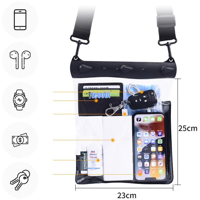 Alogy Etui wodoodporne duże Waterproof Case torba z paskiem na ramię uniwersalna na telefon tablet dokumenty 23x25 cm Czarne