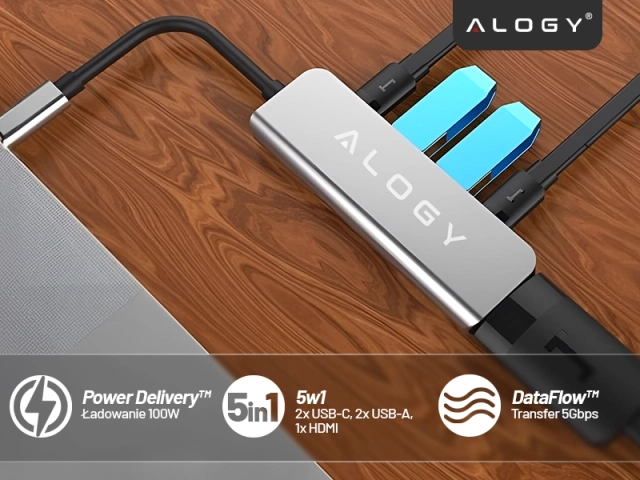 Hub 5w1 USB-C do USB-C PD100W, USB-C, USB.A 2.0, USB.A 3.0, HDMI 4K 30Hz / 1080p 60Hz – Alogy MultiHub™ Do Notebooka Laptopa