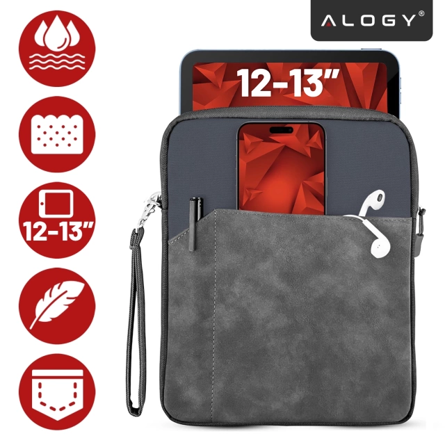 Torba Wsuwka Uniwersalna na tablet laptop 12–13" z Smyczką i Kieszonką, Ochronna, Wodoodporna, Miękkie Wnętrze Alogy SleeveBag™ – Etui do MacBook, iPad, Samsung, Lenovo, Xiaomi, Szary