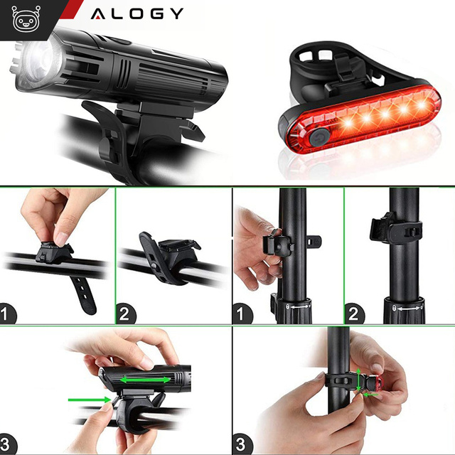 Alogy Lampka rowerowa 2w1 przód + tył wodoodporna IPX4 LED przednia tylna USB światło oświetlenie rowerowe zestaw lampek