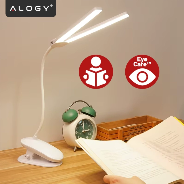 Lampka biurkowa nocna LED – akumulator 4000 mAh, podwójne oświetlenie, elastyczne ramię, klips z regulacją, idealna do biurka i łóżka – Alogy SmartClip™ Light Biała