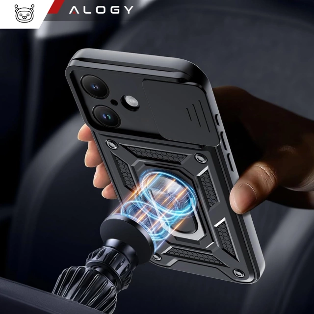Etui do Apple iPhone 16 pancerne Slide Case Ring obudowa ochrona aparatu Camshield Alogy czarne + Szkło