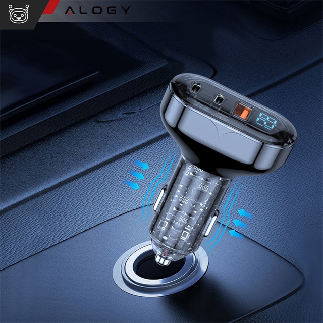 Ładowarka samochodowa 2x USB C PD 36W + USB QC 3.0 LED szybka do telefonu mocna 72W Alogy czarna