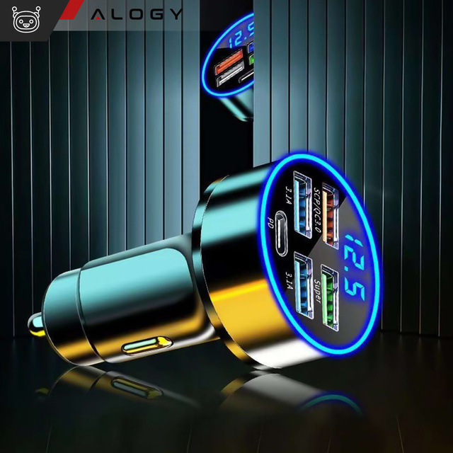 Alogy Car Ładowarka samochodowa 4x USB QC 3.0 + USB C PD 20W LED szybka mocna 250W czarna