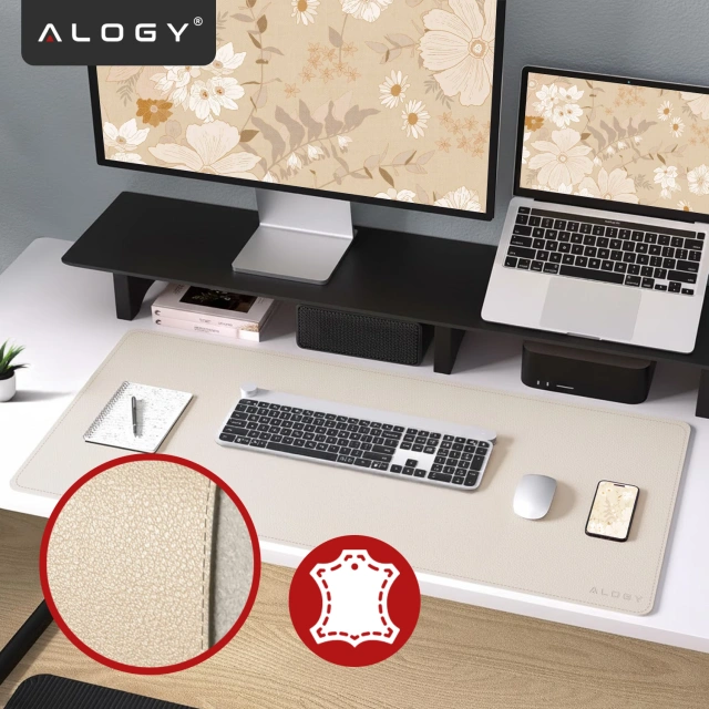 Podkładka na biurko 90×45 cm – antypoślizgowa mata ochronna z eleganckiej ekoskóry PU, pod mysz i klawiaturę, stylowa i trwała – Alogy WorkMat™ Beżowa