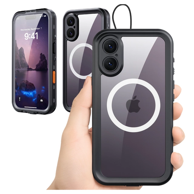 Etui Wodoodporne do Apple iPhone 17 6.3", Pancerna Obudowa 360° z Przezroczystym Tyłem, Kompatybilna z MagSafe, Alogy HydroArmor™ IP68 Case – Czarne