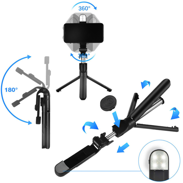 Alogy Uchwyt Bezprzewodowy Selfie Stick Bluetooth składany Tripod Mini statyw do telefonu z lampką LED