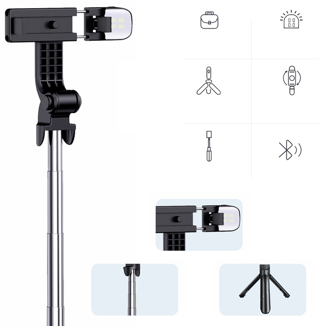 Alogy Uchwyt Bezprzewodowy Selfie Stick Bluetooth składany Tripod Mini statyw do telefonu z lampką LED