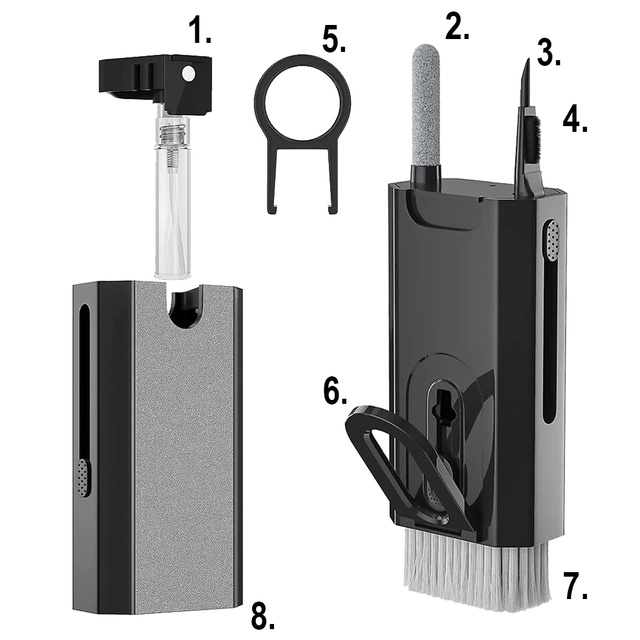 Alogy Czyścik wielofunkcyjny Zestaw do czyszczenia ekranu klawiatury Cleaner Set 8w1 do telefonów laptopów komputerów Czarny