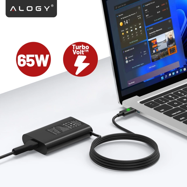 Zasilacz USB-C 65W PD do Laptopów HP Lenovo Asus Apple, Szybkie Ładowanie 20V 3.25A, Długi Kabel 2.8m, Kompaktowy i Wydajny, Alogy PowerBoost™ – Czarny