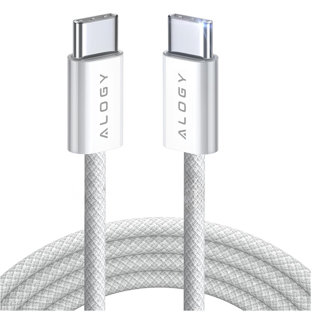 Alogy Kabel USB-C typ C mocny szybki 60W PD 1M do iPhone 15/Pro/Max iPad MacBook nylonowy przewód Biały