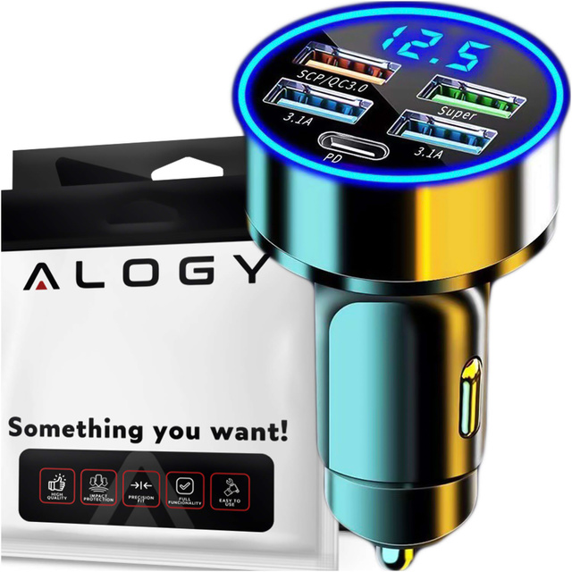 Alogy Car Ładowarka samochodowa 4x USB QC 3.0 + USB C PD 20W LED szybka mocna 250W czarna