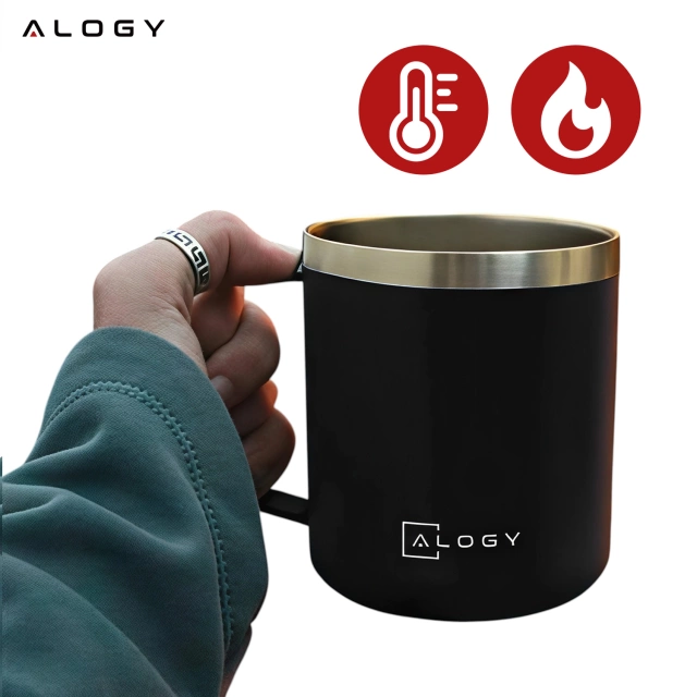 Alogy Kubek termiczny z uchwytem Thermal Mug otwierana pokrywka stalowy zimno i ciepło Czarny