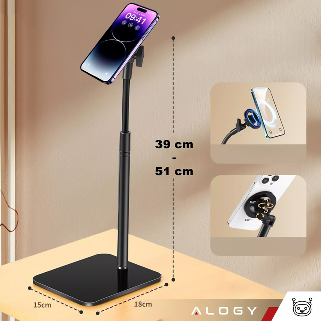 Alogy Stojak uchwyt na telefon Statyw do Mag Safe magnetyczny teleskopowy Czarny stal ABS