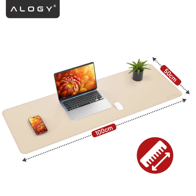 Podkładka na biurko 100×50 cm – antypoślizgowa mata ochronna z eleganckiej ekoskóry PU, pod mysz i klawiaturę, stylowa i trwała – Alogy WorkMat™ Beżowa