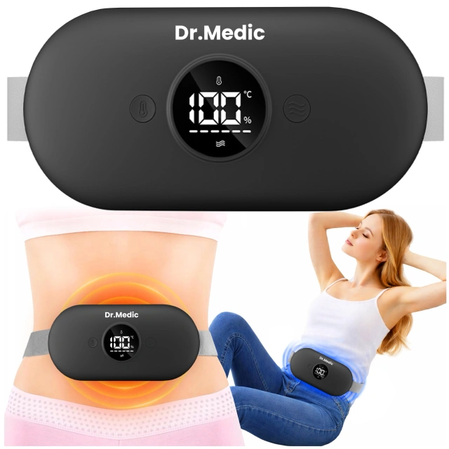 Pas Grzejący z Masażerem na okres i plecy - przeciwbólowy, ciepło + wibracje, 6 poziomów intensywności, akumulator 1800 mAh - Dr.Medic ThermoPulse™ Czarny