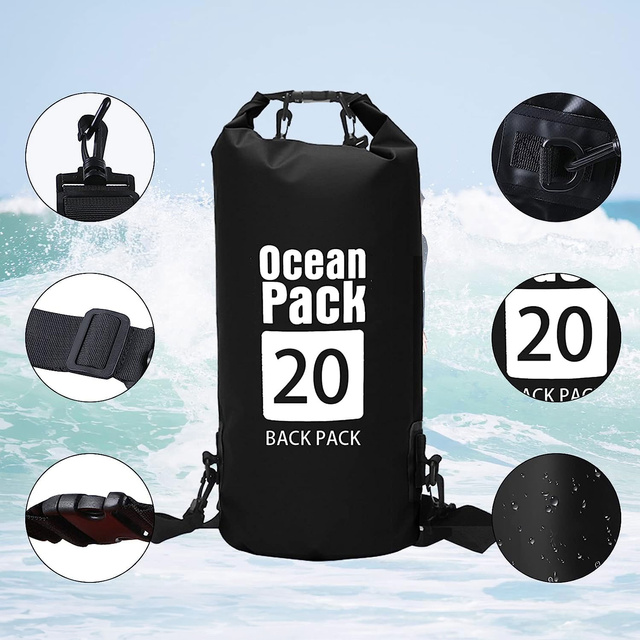 Worek wodoszczelny wodoodporny 20L Pokrowiec Torba na kajak żagle PVC do sportu Czarny