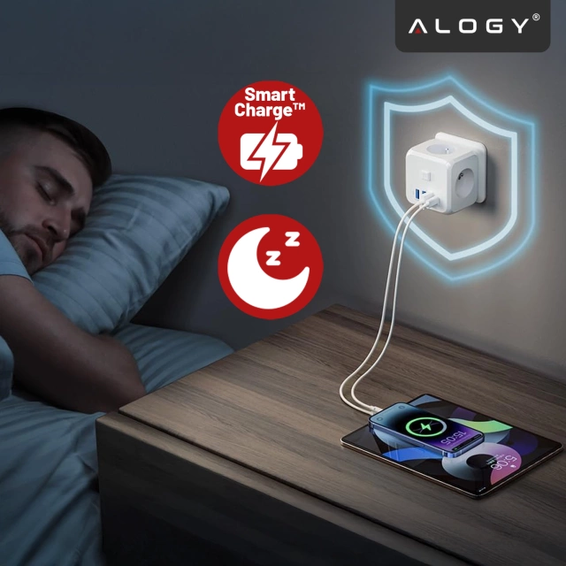 Alogy Rozgałęźnik sieciowy rozdzielacz Ładowarka adapter złodziejka 3 gniazdka PL/EU USB USB-C 7w1 5V 2.4A Biały