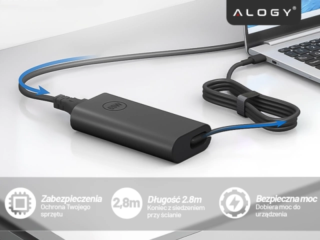 Zasilacz USB-C 65W PD do Laptopów HP Lenovo Asus Apple, Szybkie Ładowanie 20V 3.25A, Długi Kabel 2.8m, Kompaktowy i Wydajny, Alogy PowerBoost™ – Czarny