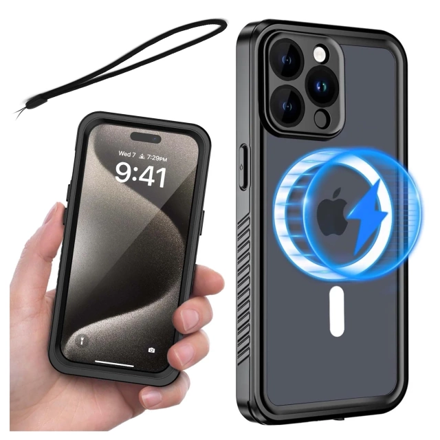 Alogy Etui do Apple iPhone 15 Pro Pancerne 360 case do Mag Safe wodoodporne Armor IP68 czarne