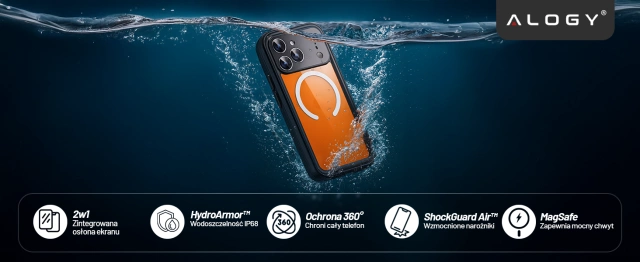 Etui Wodoodporne do Apple iPhone 17 Pro 6,3", Pancerna Obudowa 360° z Przezroczystym Tyłem, Kompatybilna z MagSafe, Alogy HydroArmor™ IP68 Case – Czarne