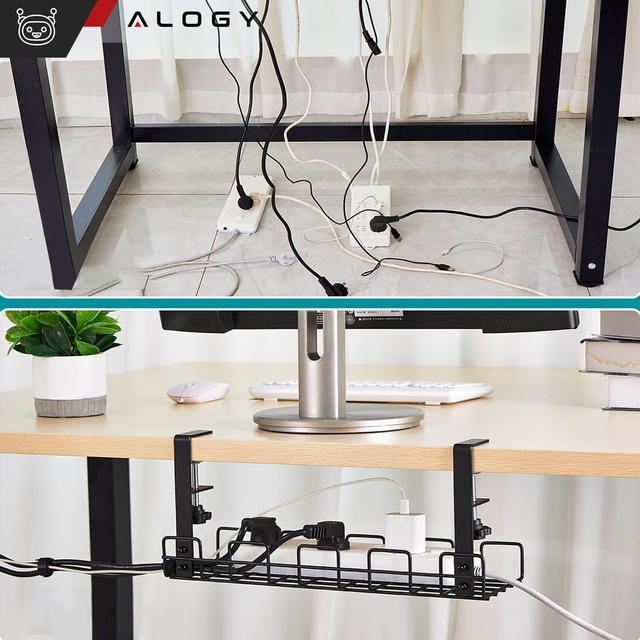 Alogy Organizer kabli uchwyt półka pod blat na kable listwy biurkowy podbiurkowy aluminiowy 38.5cm Czarny
