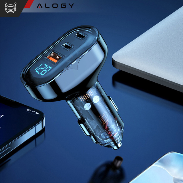 Ładowarka samochodowa 2x USB C PD 36W + USB QC 3.0 LED szybka do telefonu mocna 72W Alogy czarna