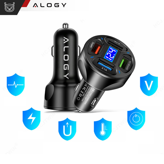 Alogy Car Ładowarka samochodowa 4x USB QC 3.0 66W szybka mocna do telefonu samochodu czarna