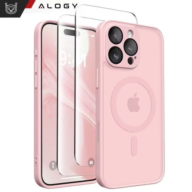 3w1 Zestaw Etui Hybrydowe + Szkło do Apple iPhone 16 Pro obudowa ochronna Hybrydowe MagSafe z ochroną obiektywu case + 2x Szkło hartowane ochronne na telefon Alogy 3in1 Case Pack Różowe