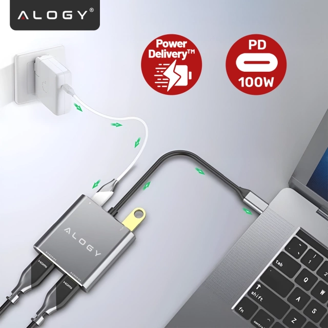 Adapter HUB 4w1 Alogy przejściówka USB-C do 2x HDMI USB 3.0 USB-C szybkie ładowanie PowerDelivery PD 100W