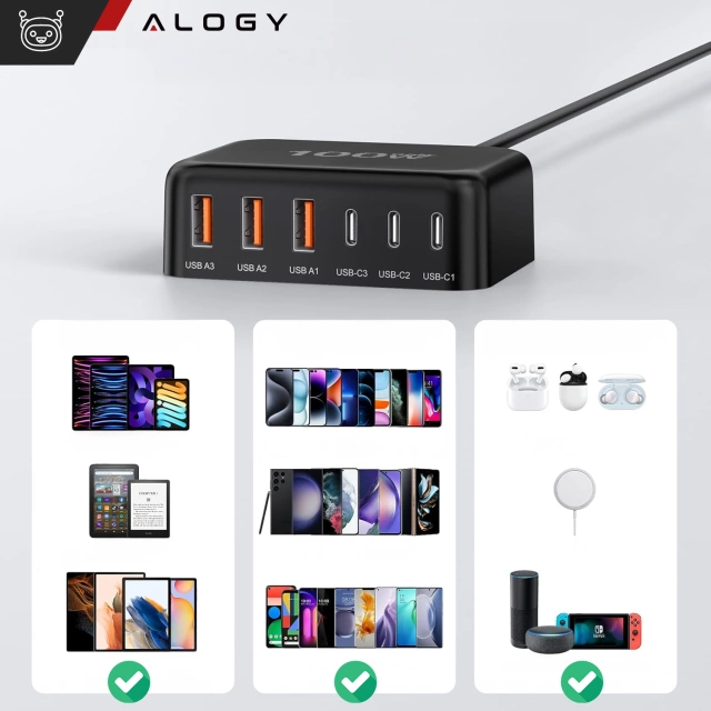 Ładowarka sieciowa 6w1 Super Szybkie Ładowanie 100W GaN 3x USB 3x USB-C Alogy Super Quick Charger Czarna