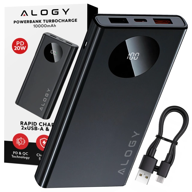 PowerBank 10000mAh z Technologią PD 120W, Szybkie Ładowanie PowerDelivery, Porty 2x USB-A i 1x USB-C, Wysoka Moc i Kompaktowy Design, Alogy TurboCharge™ – Czarny