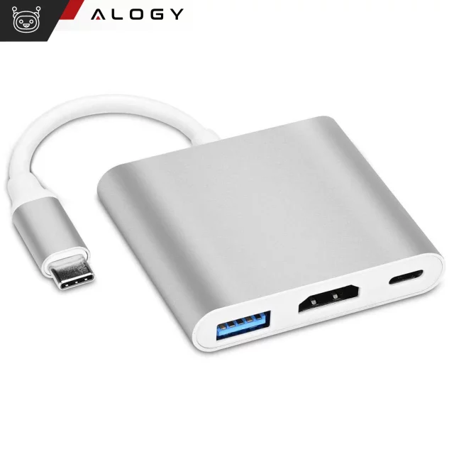 Alogy Adapter HUB 3w1 rozdzielacz USB-C 3.0 HDMI USB-A Srebrny